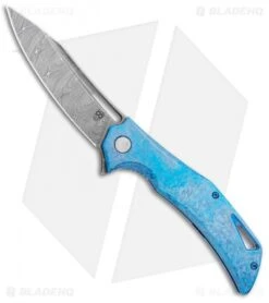 Olamic Cutlery Swish Frame Lock Knife Frosty Blue Ti (3.75" Damasteel)