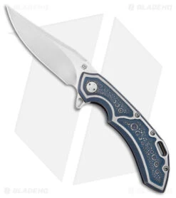 Olamic Wayfarer 247 Bowie Knife ISolo Blue/Satin Ti W/ Carving (3.5" Satin S90V)