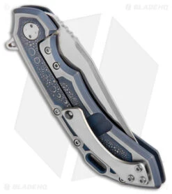 Olamic Wayfarer 247 Bowie Knife ISolo Blue/Satin Ti W/ Carving (3.5" Satin S90V) -Blade Vault Olamic Wayfarer 247 Bowie Knife iSolo Blue Satin Ti Carving Satin BHQ 174962 jr side