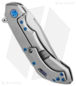 Olamic Wayfarer 247 Clip Point Knife Blasted Ti W/ Blue Holes (3.5" Satin S90V) -Blade Vault Olamic Wayfarer 247 CP Blasted Ti Blue Holes Satin BHQ 174921 jr side