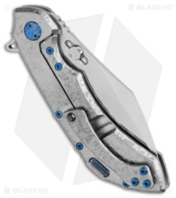 Olamic Wayfarer 247 Cutlass Knife Frosty Ti W/ Blue Inlay (3.5" Satin S90V) -Blade Vault Olamic Wayfarer 247 Cutlass Frost Ti Blue Satin BHQ 174956 jr side