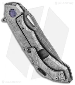 Olamic Wayfarer 247 Tanto Frame Lock Knife Frosted Blue (3.5" Damasteel) -Blade Vault Olamic Wayfarer 247 Harpoon Knife Frosted Blue Damasteel BHQ 97092 jr side