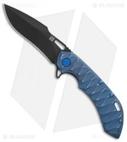 Olamic Wayfarer 247H Harpoon Frame Lock Knife Scalloped Blue Ti (3.5" Black PVD)