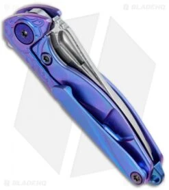 Rike Knife Hummingbird Mini Flipper Knife Blue Titanium (1.5" Damascus) -Blade Vault Rike Knife Hummingbird Mini Flipper Ti Blue Damascus BHQ 76346 jr side