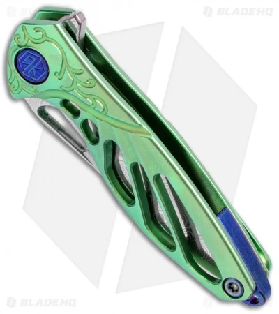 Rike Knife Hummingbird Mini Flipper Knife Green Titanium (1.5" Damascus) 2 Rike Knife Hummingbird Mini Flipper Knife Green Titanium (1.5" Damascus) - Image 2