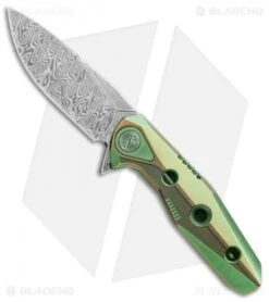 Rike Knife Thor4s Integral Frame Lock Flipper Knife Gold/Grn Ti (2.3" Damascus)