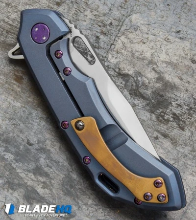 Olamic Wayfarer 247 Frame Lock Knife Blue/Gold Ti Purple Hardware (3.5" Satin) 3 Olamic Wayfarer 247 Frame Lock Knife Blue/Gold Ti Purple Hardware (3.5" Satin) - Image 3