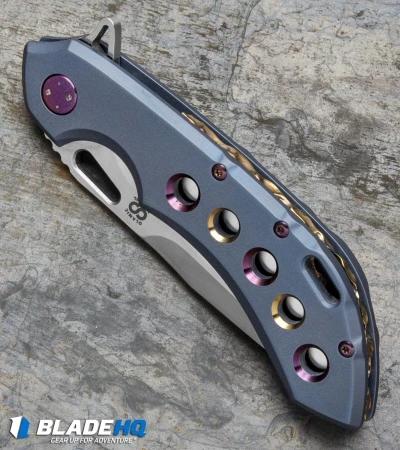 Olamic Wayfarer 247 Frame Lock Knife Blue/Gold Ti Purple Hardware (3.5" Satin) 2 Olamic Wayfarer 247 Frame Lock Knife Blue/Gold Ti Purple Hardware (3.5" Satin) - Image 2