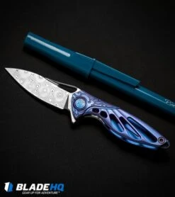 Rike Knife Hummingbird Mini Flipper Knife Blue Titanium (1.5" Damascus) -Blade Vault rike hummingbird blue BHQ 76346 dl