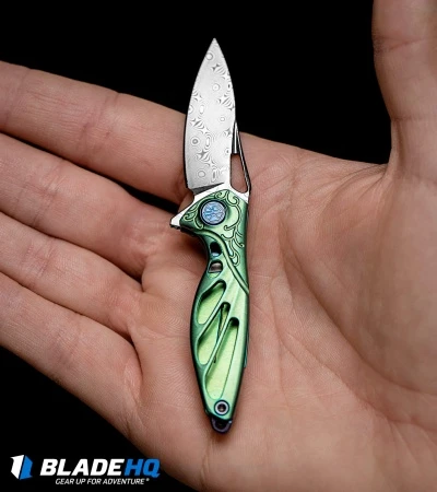 Rike Knife Hummingbird Mini Flipper Knife Green Titanium (1.5" Damascus) 6 Rike Knife Hummingbird Mini Flipper Knife Green Titanium (1.5" Damascus) - Image 6